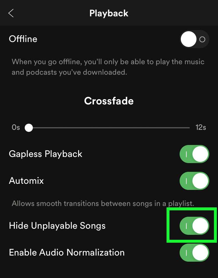 Spotify settings hide unplayable songs