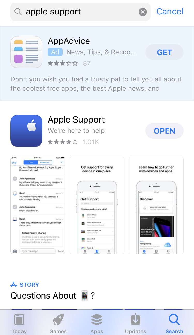 Apple Support app iPhone iOS