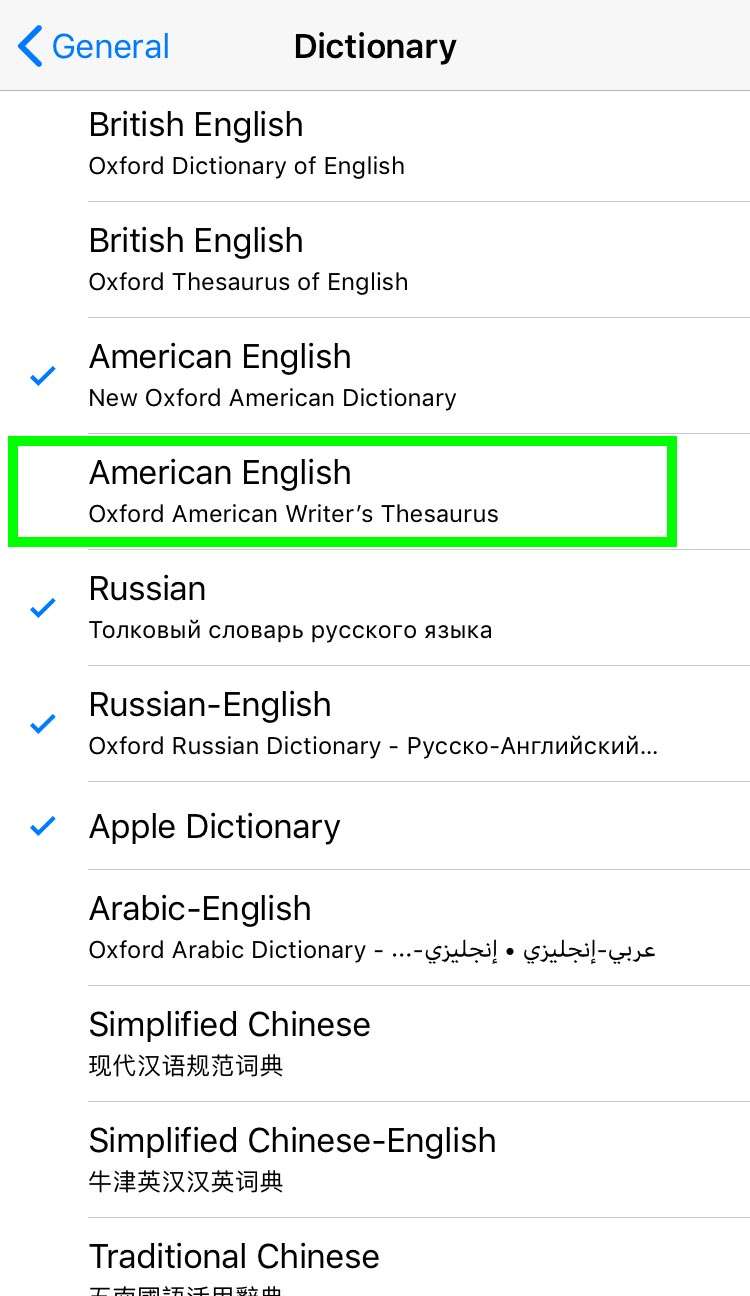 iOS Dictionary Settings 