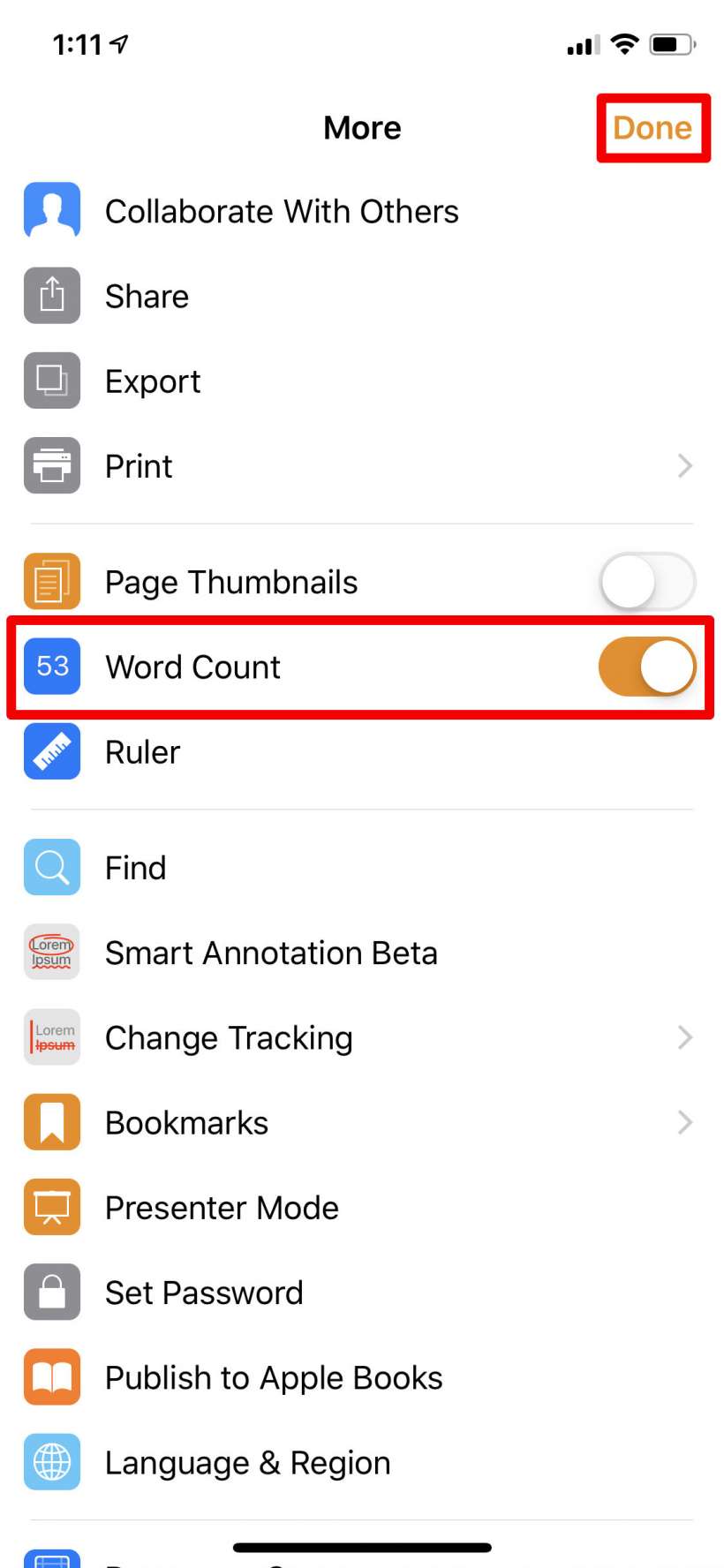How to find the word count of a Pages document on iPhone and iPad.