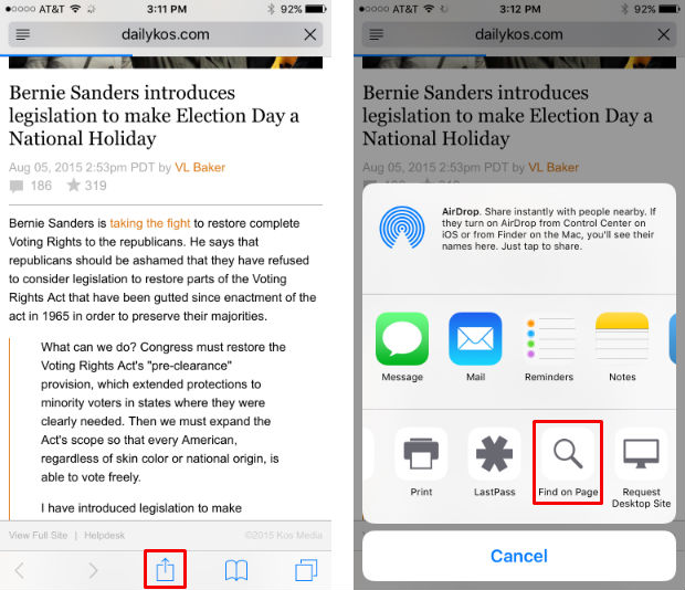 iOS 9 adds text search to Safari to search web pages. iOS 9 adds text search to Safari to search web pages.