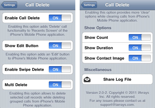 Call Delete iOS 5 now Settings Call Delete tweak cydia