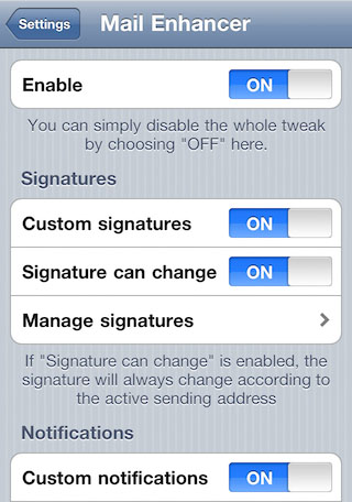 Cydia tweaks Mail improvement Mail Enhancer Settings