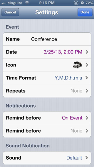 Reminder and Countdown Free iPhone app screen3