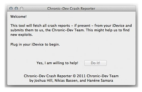 help find iPhone jailbreak exploits with software Chronic Dev Team Crash Reporter dialog