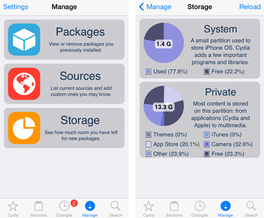 check disk space Cydia