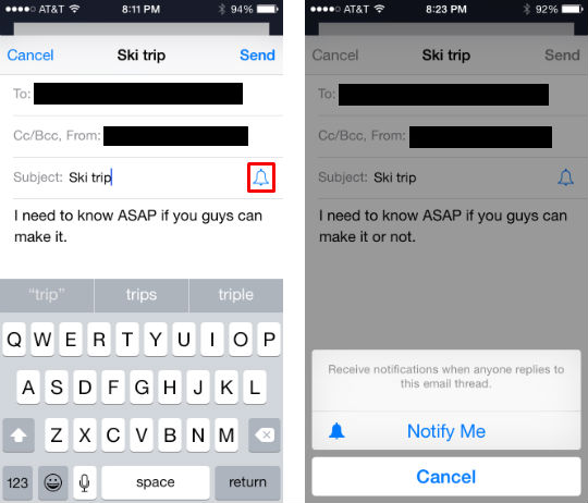 How to set notifications for email threads in iOS 8