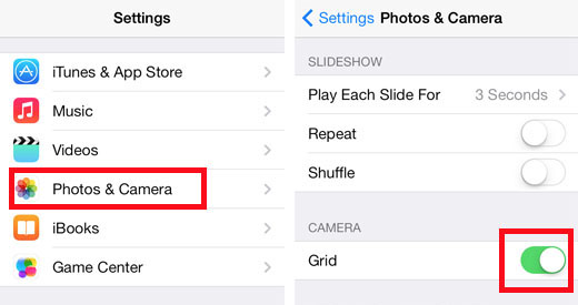 turn on camera grid iOS 7