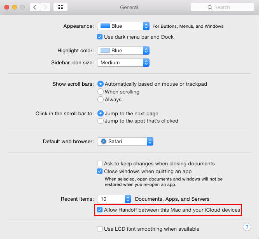 Turn on Handoff Yosemite