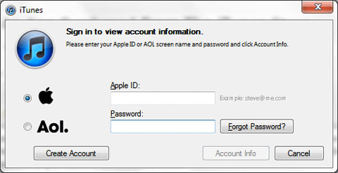 iTunes AOL sign in” title=