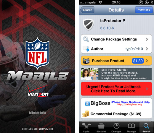 NFL app Jailbroken Device