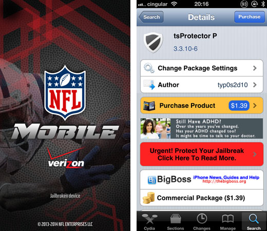 NFL tsProtector P NFL app Jailbroken Device