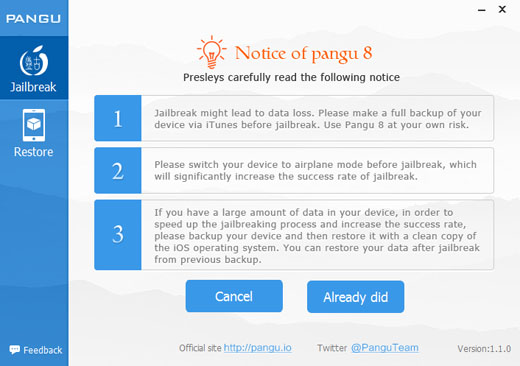 Pangu 1.1 English version Jailbreak iOS 8 airplane iOS 8.1 jailbreak Pangu airplane