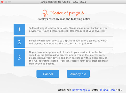 Install Cydia iOS 8.1 Pangu Mac4 iOS 8.1 jailbreak Pangu OS X instructions4