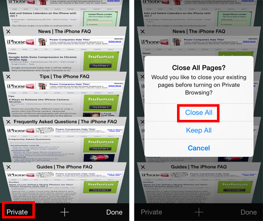 close iOS 7 tabs private mode close all tabs mobile safari 2