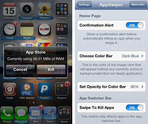 iOS AppSwiper RAM info AppSwiper tweak Cydia iOS