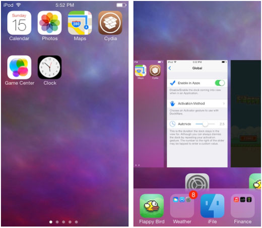 iOS 7 jailbreak access dock