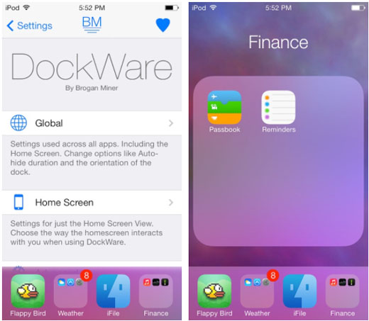 cydia tweak DockWare2 iOS 7 jailbreak access dock2