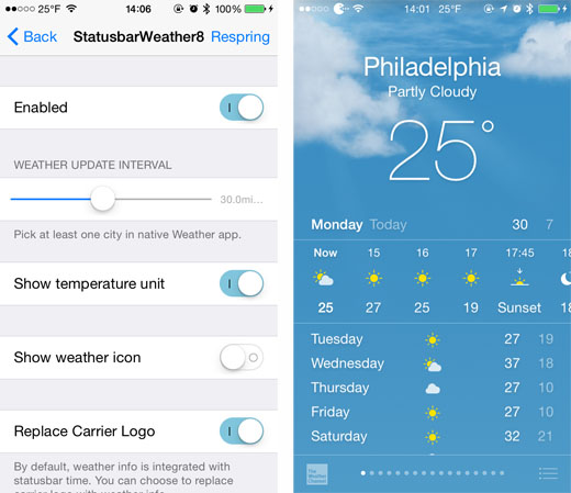 iOS 8 weather on status bar
