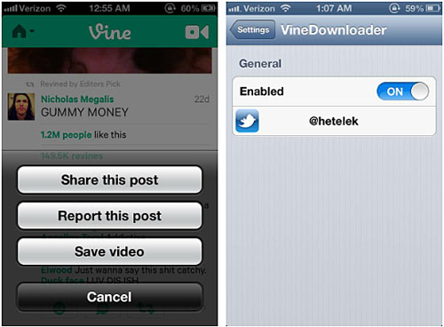 iOS VineDownloader copy videos to camera roll Vine Downloader tweak Cydia iOS